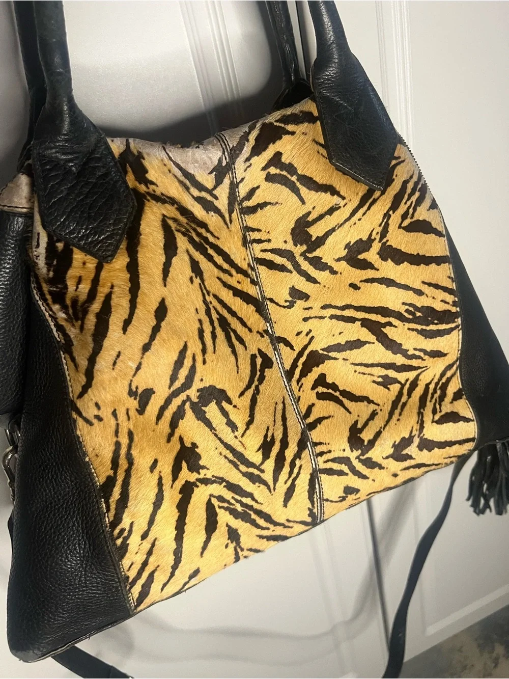 Y2K Shoestock Tiger Calf Hair Leather Satchel Fringe Bag